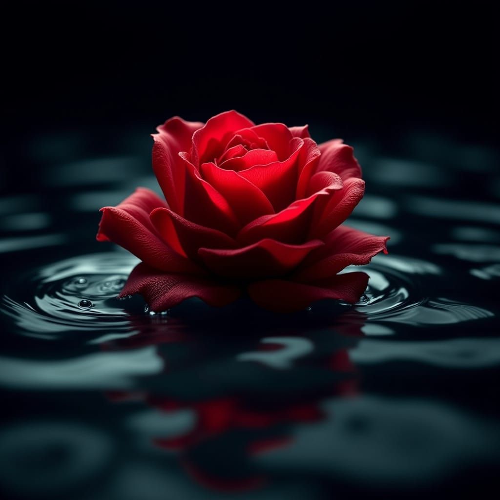 Velvety Red Rose Radiates Ethereal Glow in Dark Water