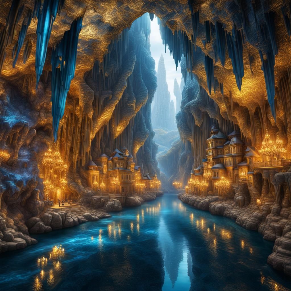 a golden city in the centre of a sparkling shimmering crystal cave with a bright blue river flowing by ...  by @MIKE