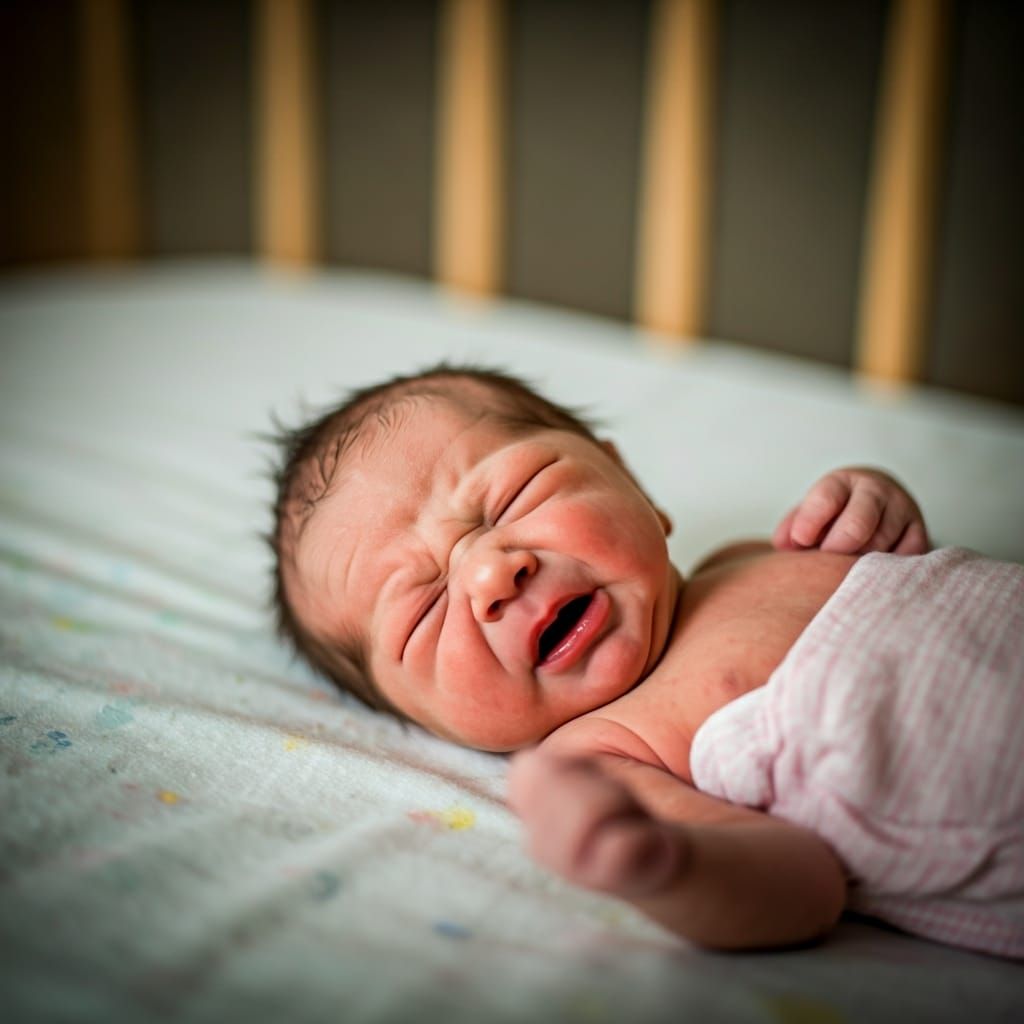 Newborn Baby Expressing Discomfort in Photorealistic Image