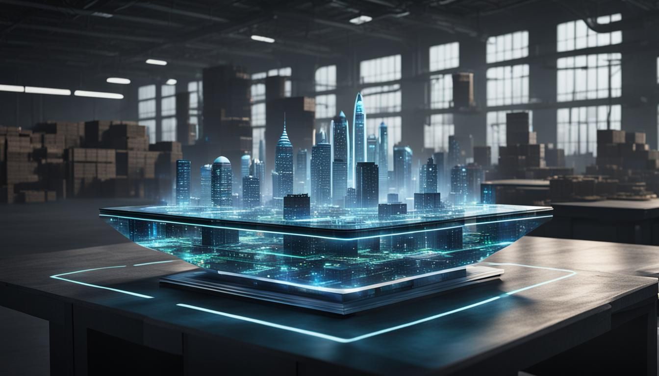 Futuristic hologram of alien city on table in warehouse   by @Max Chernyshov