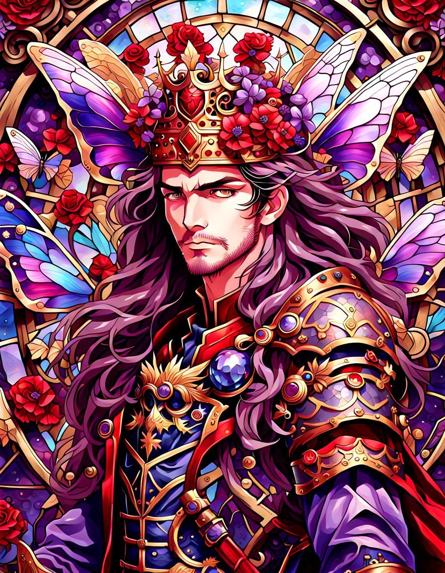 (Hyper detailed red and purple anime art of a handsome king with long ...
