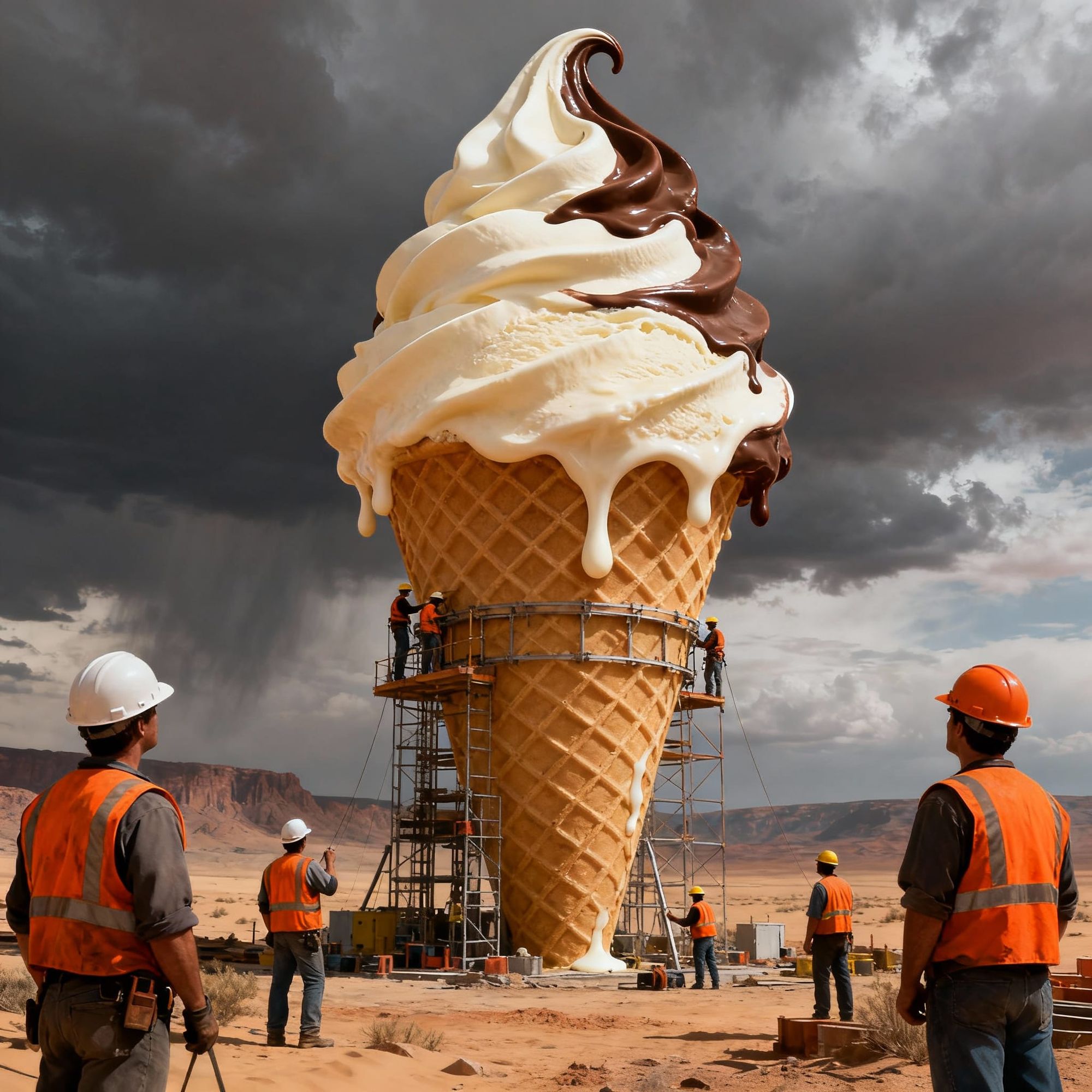 a colossal ice cream cone with construction men 