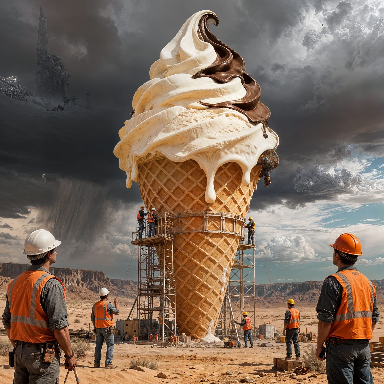 a colossal ice cream cone with construction men   by @Chippa