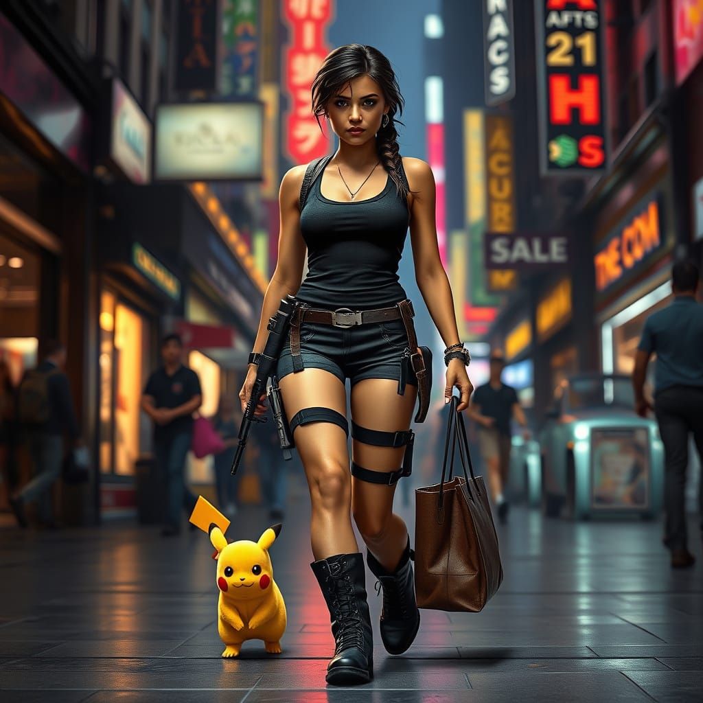 Lara Croft and Pikachu in town for shopping  by @Neromagenta
