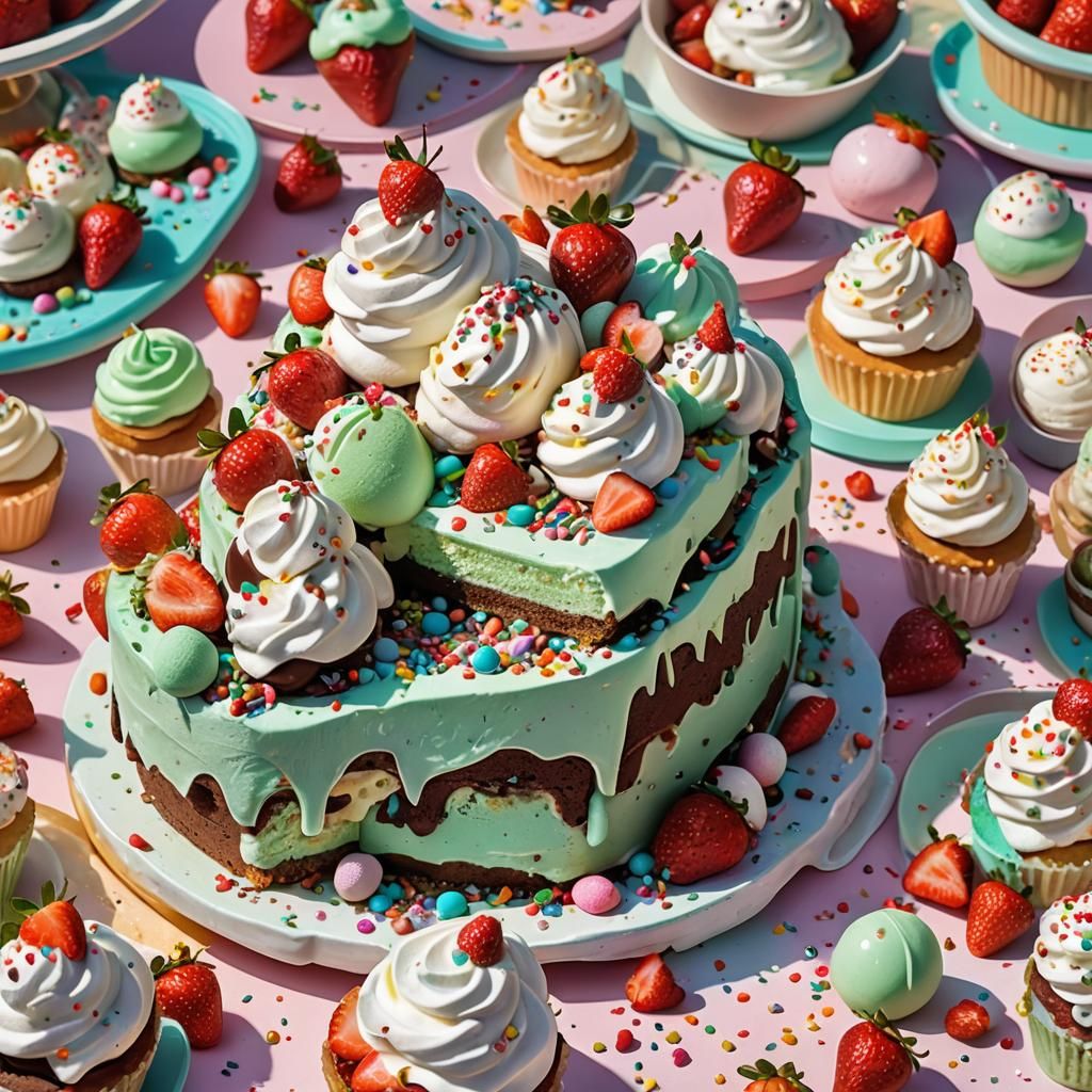 Mint chocolate chip ice cream cake with whipped cream and sp...