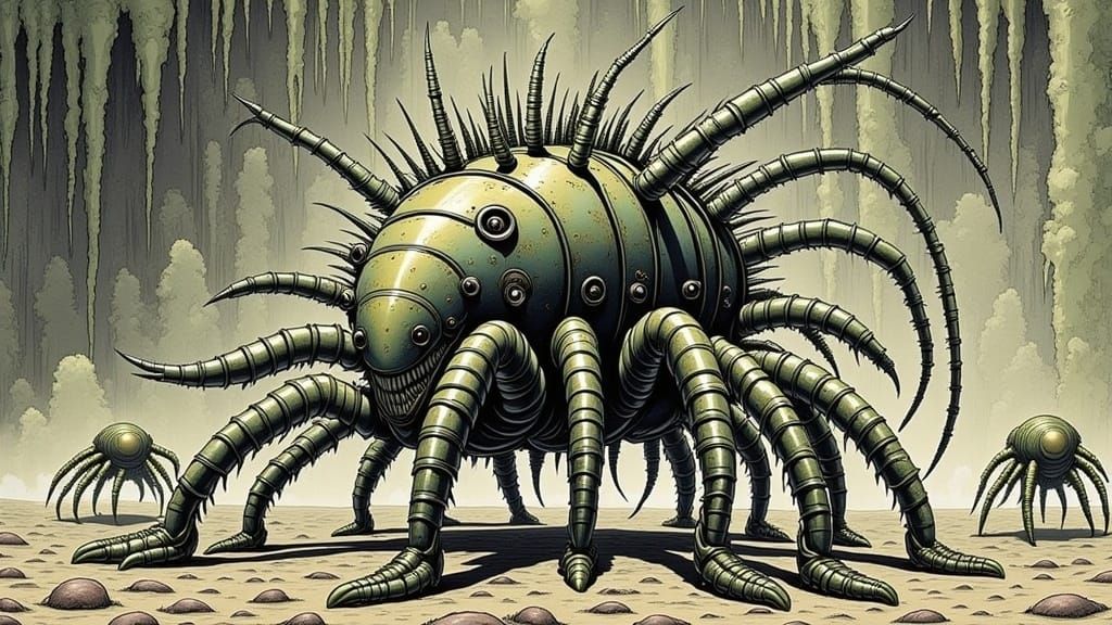 <lora:TheEngineWalks 2p0:1.0> A multi-segmented non-bipedal combat vehicle (centipede body structure, a myriad of protruding antenna and gun...