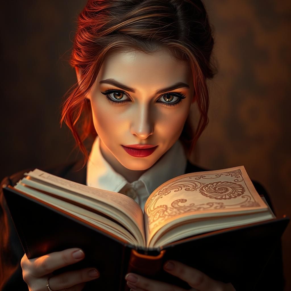 metal etching, textured, patina, Full shot nice girl reading a book; Bright eyes, makeup, looks at viewer, with intricat...