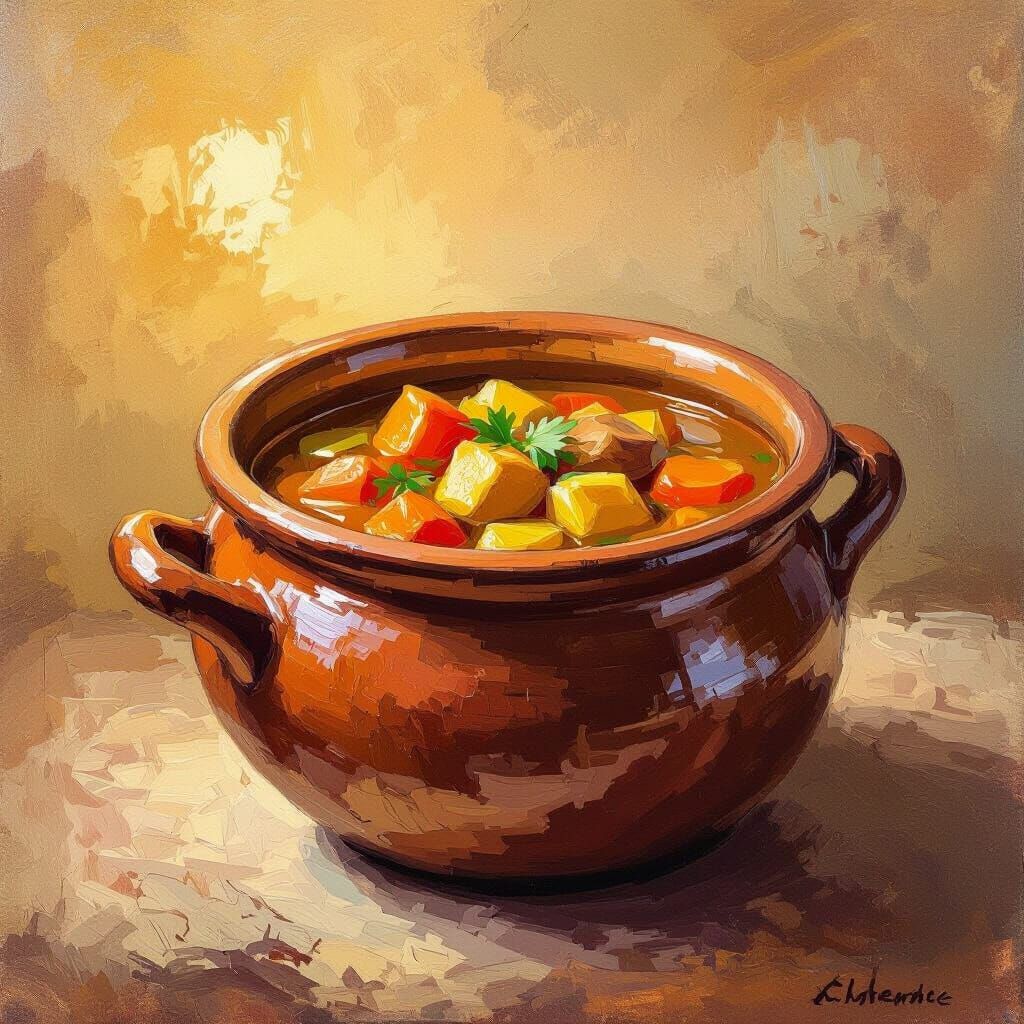 Aromatic Cholent Stew in Impressionist Style