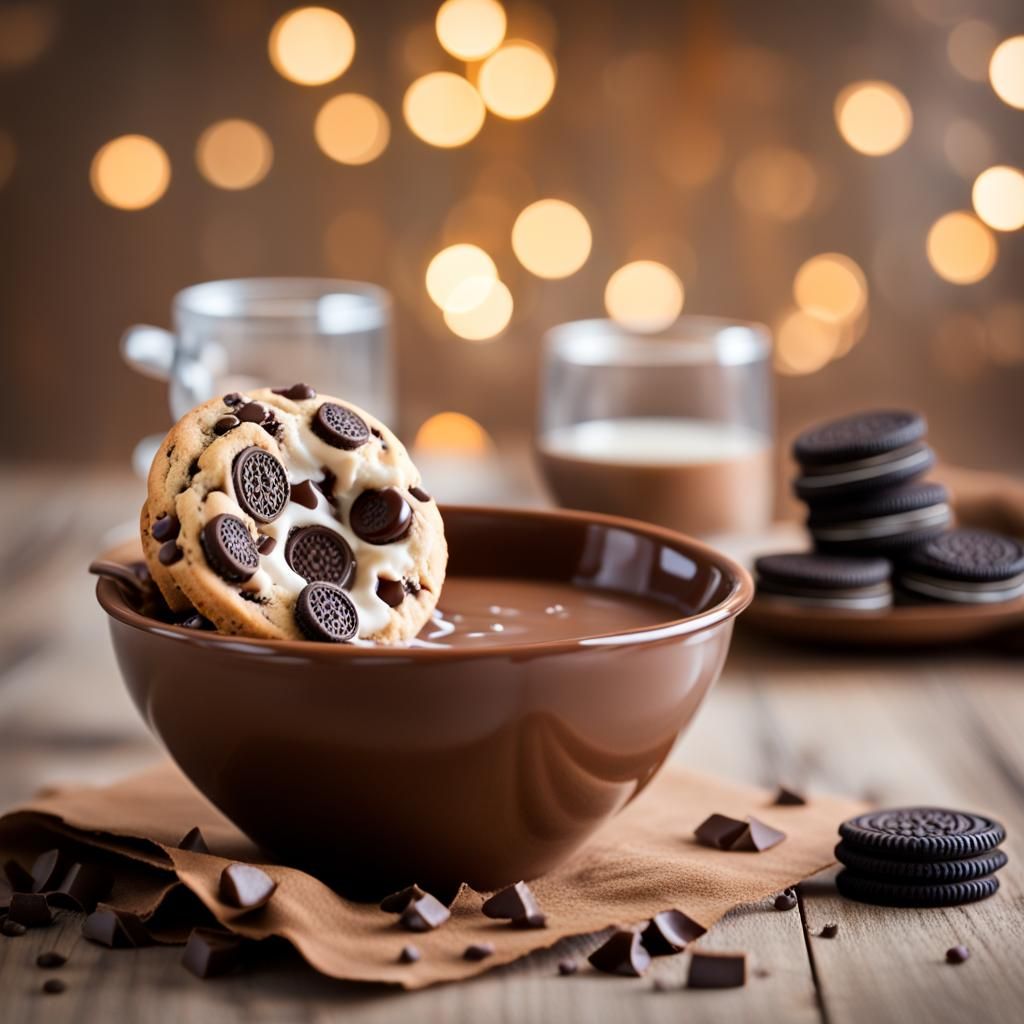 Chocolate chip cookie and Oreo in hot chocolate bowl
