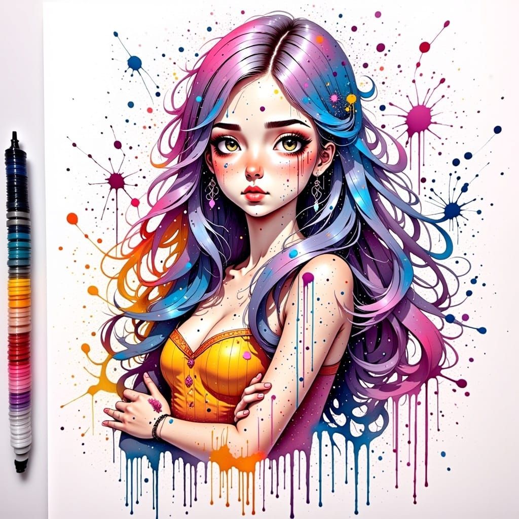 colorful ink splatter drawing of a gorgeous princess, in the style of Jean-Baptiste Monge and <lora:Unreal InkArchive Fx:1.0>