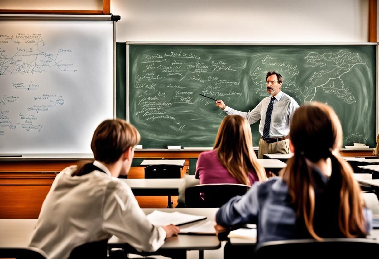 A college professor teacher in front of a blackboard with students during a final exam. intricate details, HDR, beautifully shot, hyperreali...