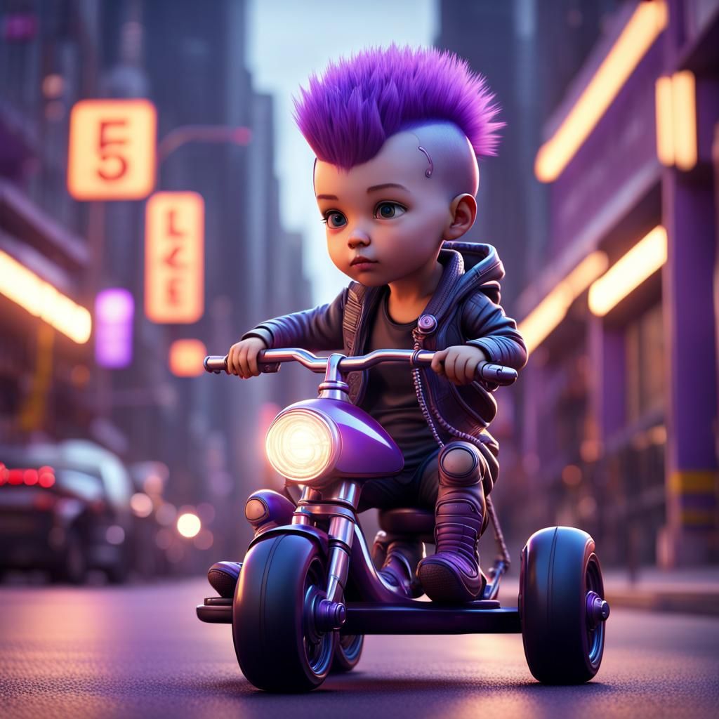 Cute toddler with purple mohawk riding a trike tassels hanging from handle dusk Street lights AI Generated Artwork NightCafe Creator