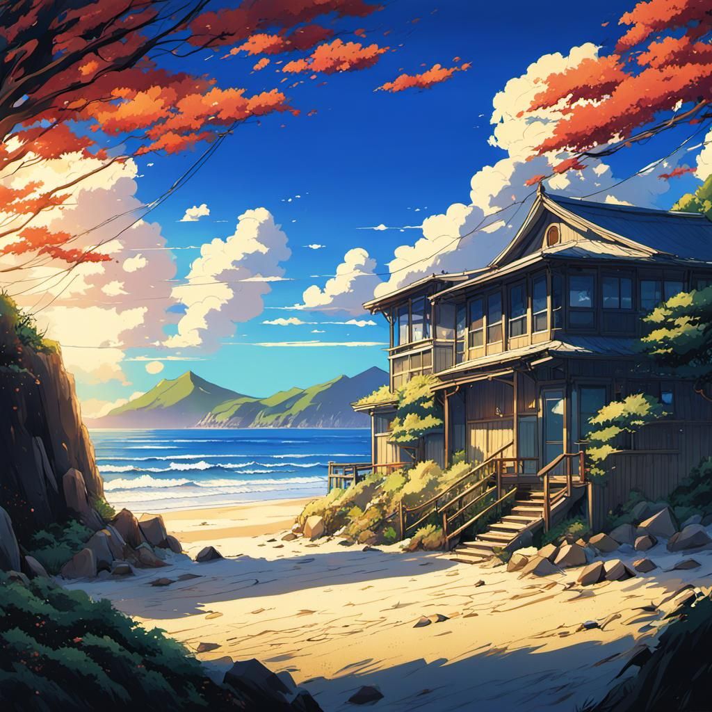 Californian Beach Paysage Studio Ghibli, Anime Key Visual, b...
