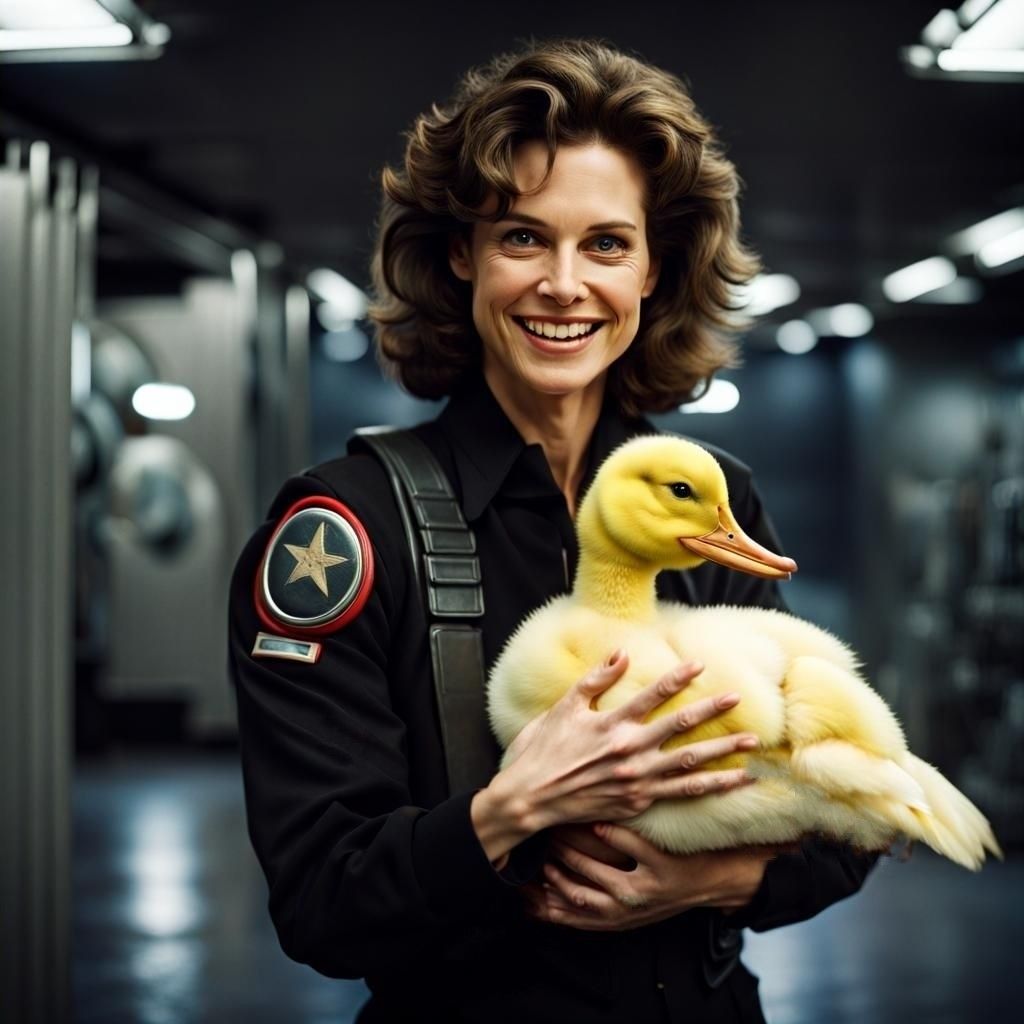 Ellen Ripley and her alien eating duck (see description)