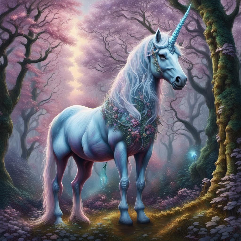 Das letzte Einhorn steht im feen Wald alles glitzert und leuchtet, der ...