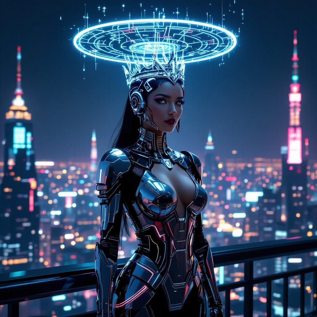 A futuristic queen with cybernetic enhancements, her regal attire composed of interwoven fiber optics and polished chrome. Her crown is a mi... - Start Image 2
