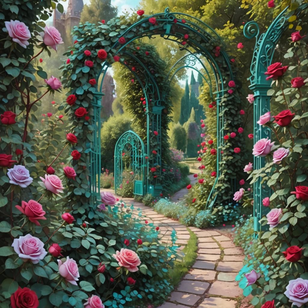 View from a path in a English garden. Enormous turquoise iro...