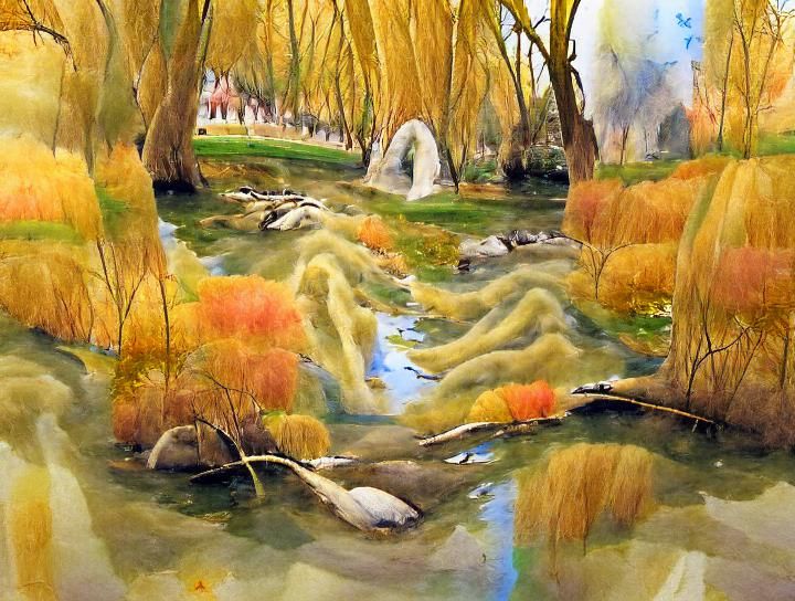 Watercolor painting creek surrounded by willow trees in autu...