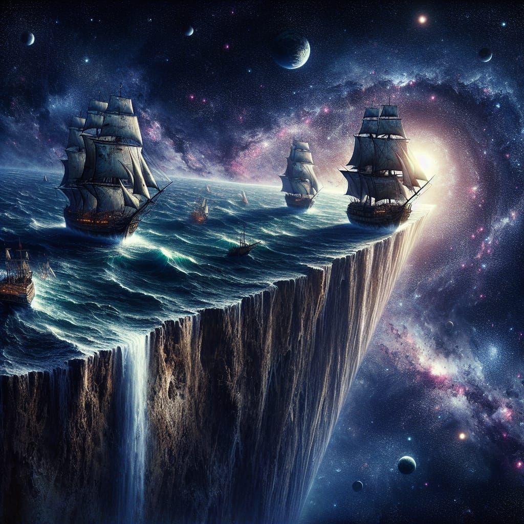 Imagine a visualization of a flat Earth where the ocean is continually flowing off the edge and into ...  by @skcg