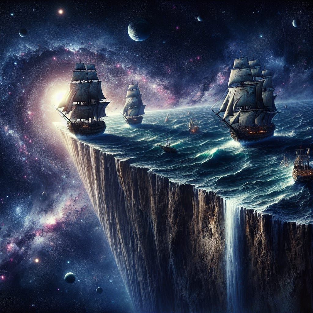 Imagine a visualization of a flat Earth where the ocean is continually flowing off the edge and into the vast realm of s...