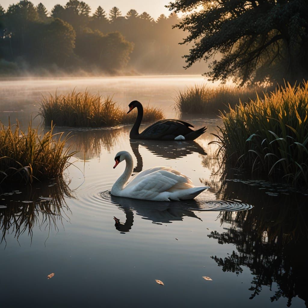 Serene Sunrise Pond Scene with Majestic Swans