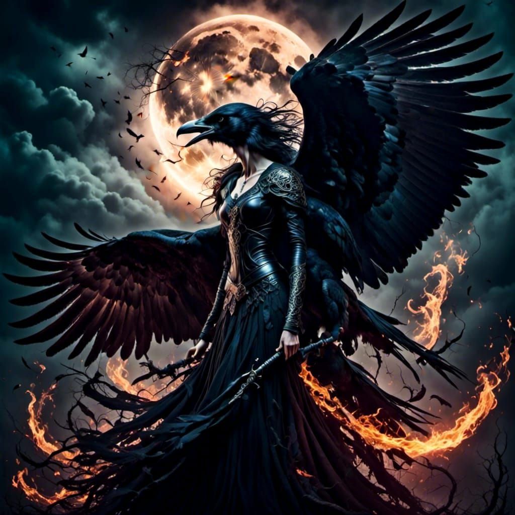 The Morrigan. Celtic goddess of war. Shape shifting into a raven. <lora:DreamFalls:1.0> <lora:SpectR:1.0> 