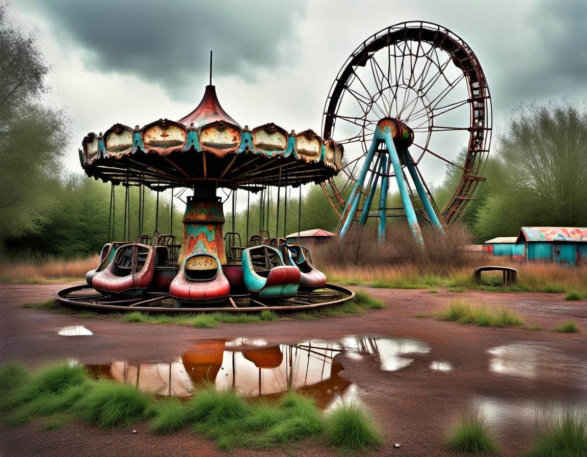 abandoned theme park, old rusted broken rides merry go round...