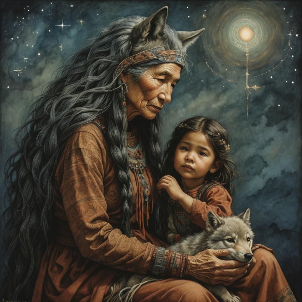 Cosmic-Visionary Indigenous Grandmother Wolf with little girl, Weaving, Amanda Sage, Arthur Rackham  by @Carol B