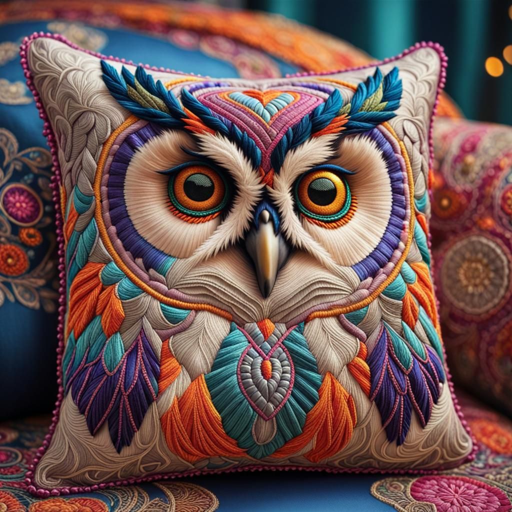 Embroidered Owl Pillow 