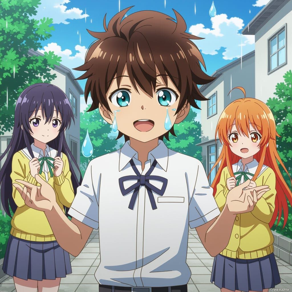 Sad Child Cries for Rain in Anime Style