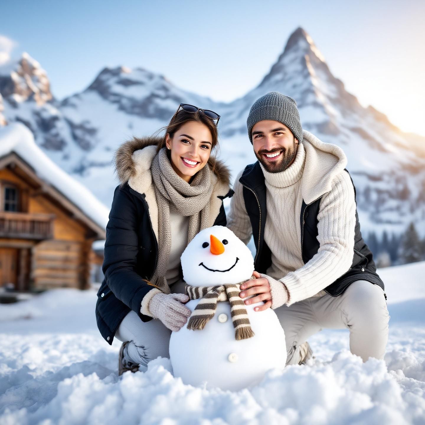 A Young Couple on Vacation Building a Small Snowman