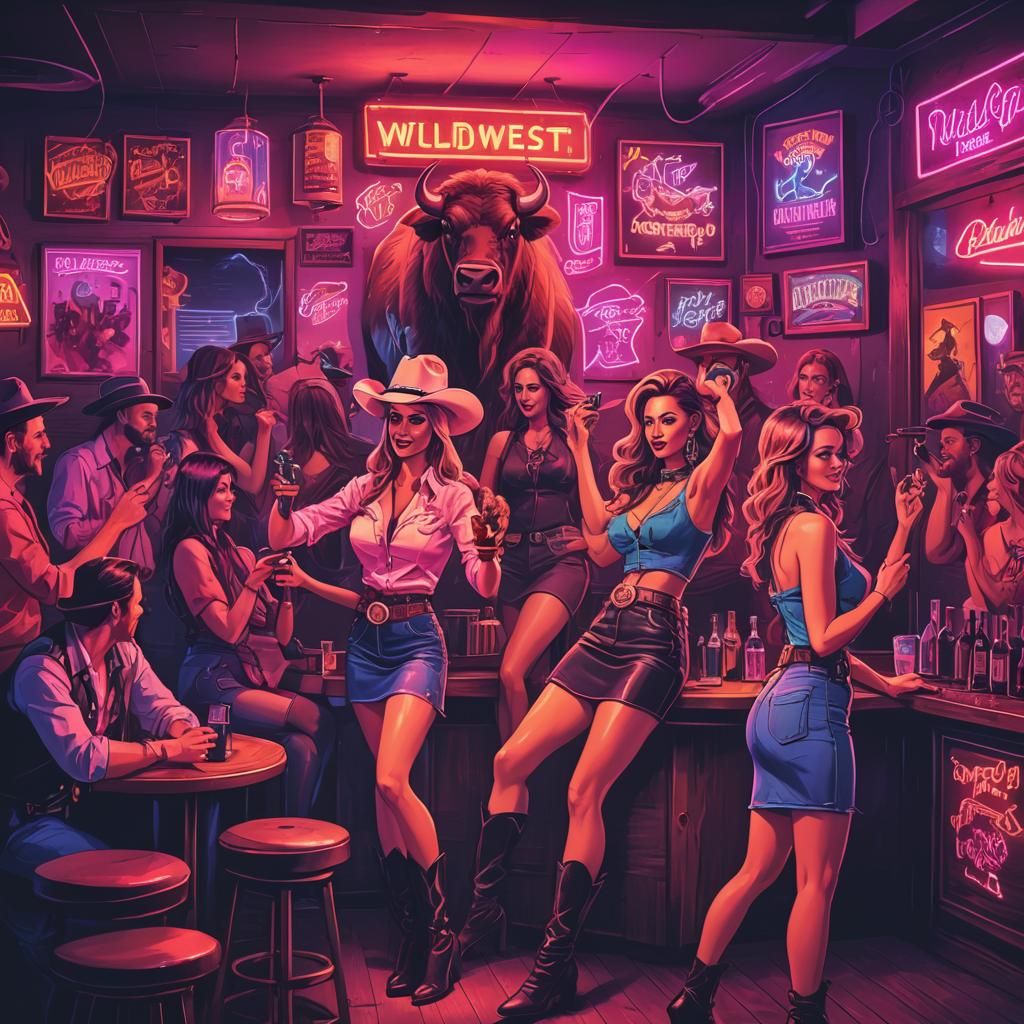 Wildwest bar with ladies of pleasure dancing and cowboys sho...