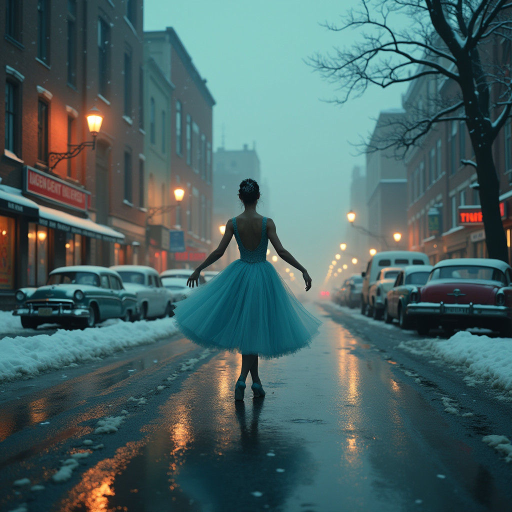 Ballerina dancing through Pawtucket, Rhode island in the mid...