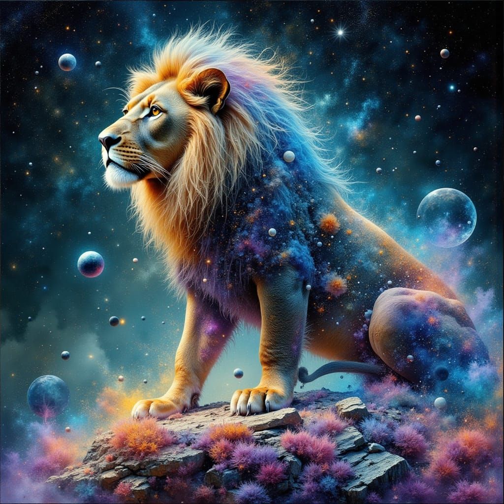 Stardust Lion on Celestial Island in Cosmic Surrealism