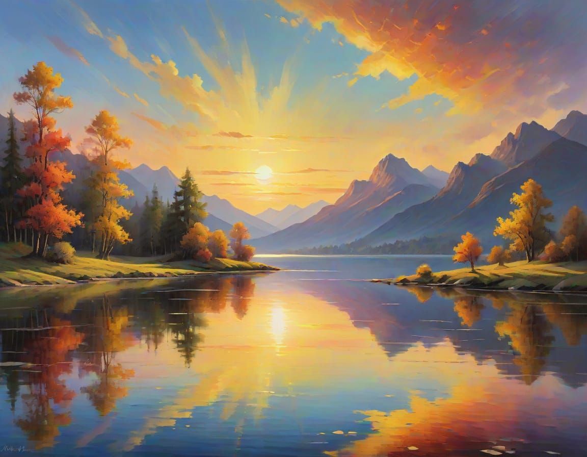 Surreal Sunset Scene in Vibrant Oil Painting
