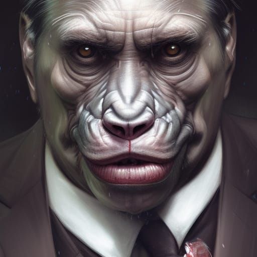 Ape in suit ,5D lighting,surreal fantasy art,detailed face