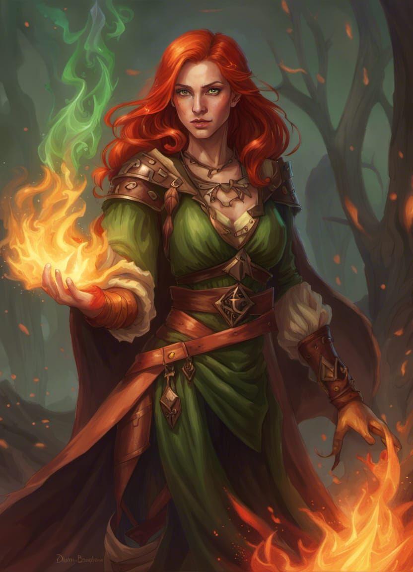 half-elf fire sorceress, dungeons and dragons character portrait, red ...