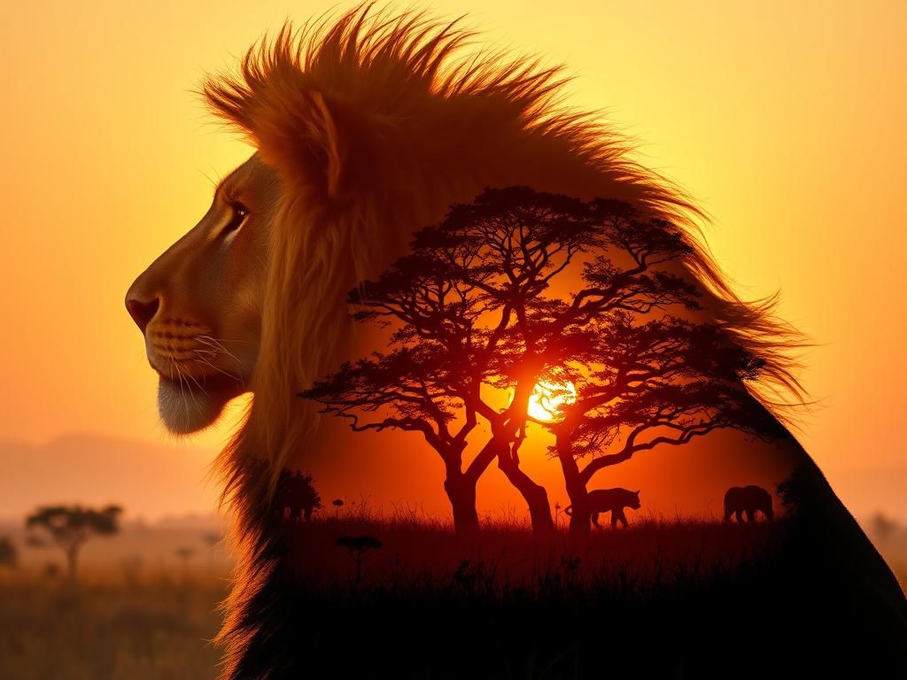 Lion Double Exposure: Savanna Sunset in Hyperrealism