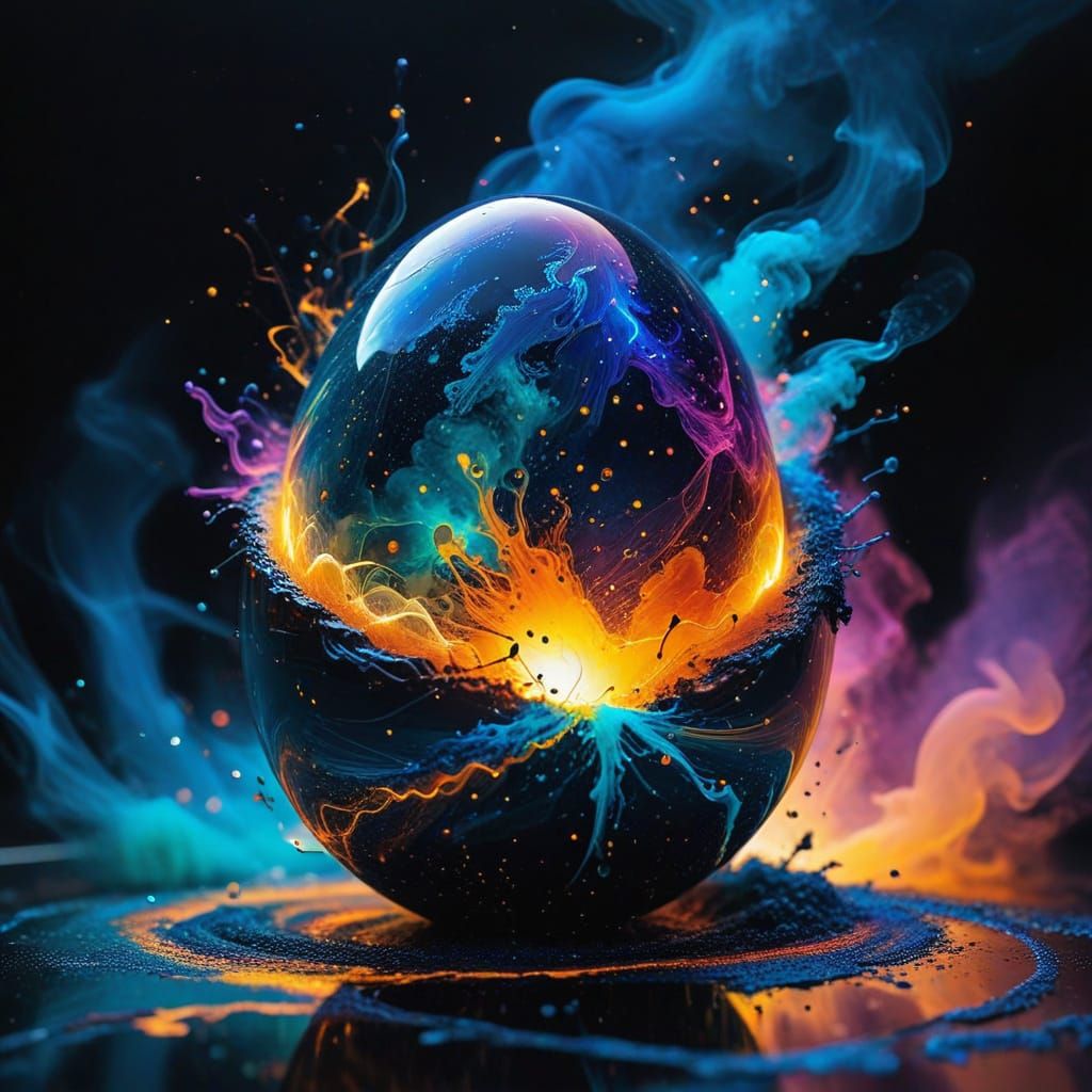 Abstract egg transformed into a surreal cosmic landscape 