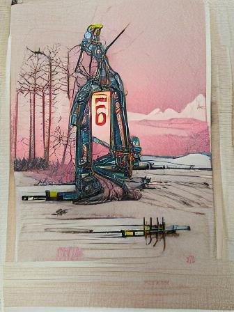 Simon stalenhag ink drawing tarot card three of swords