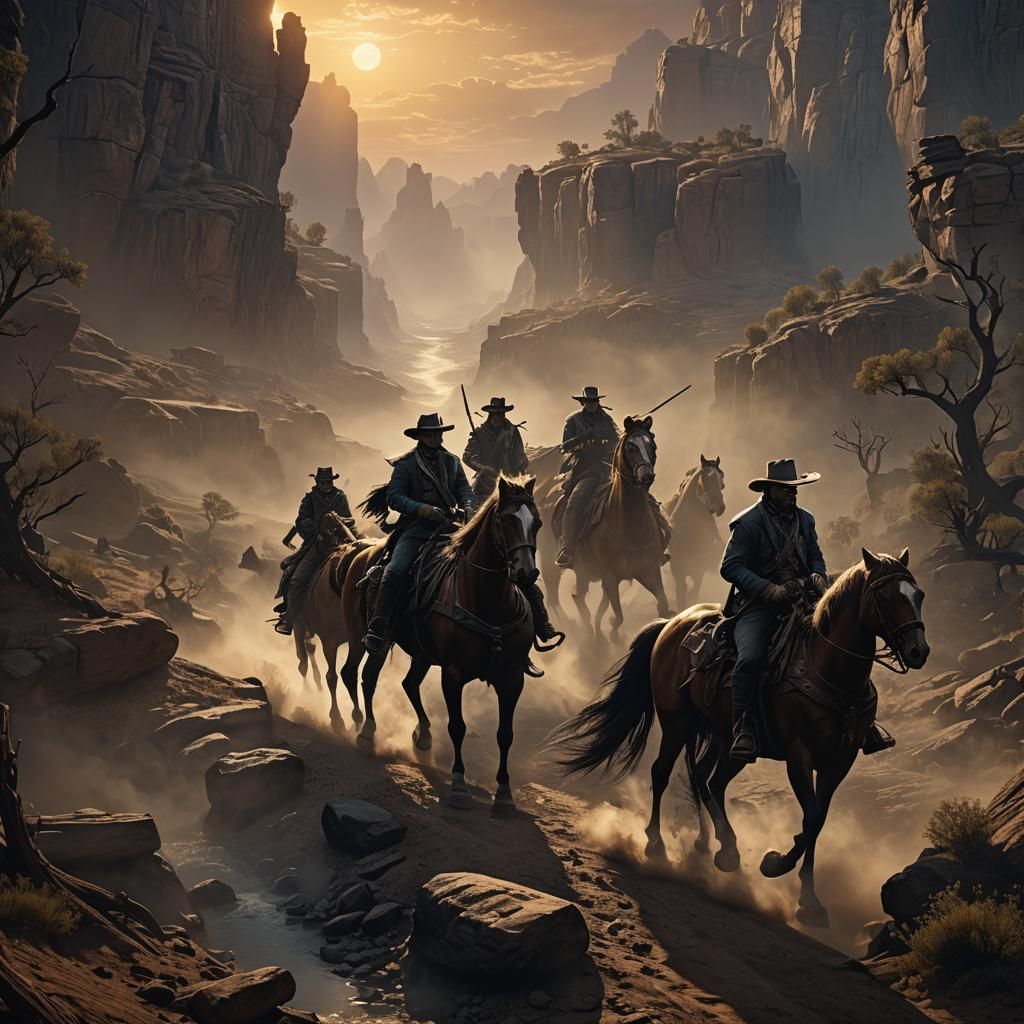 Western 1880, horsemen ride into the dawn, emphasizing chiaroscuro, a precise, detailed, realistic ...  by @coupdevent