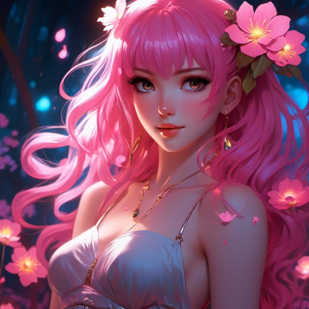 <lora:FashionAnime:1.0>  Gorgeous smiling anime blossom Pin-up in bioluminescent firefly glow dark flower garden, full body portrait dynamic...