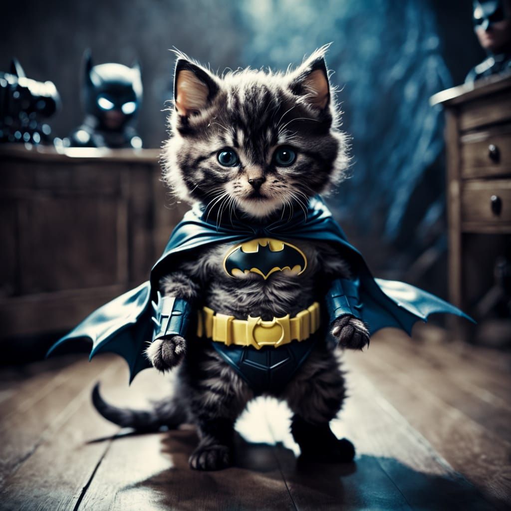 A fluffy kitten wears a costume of batman Cinematic film still, shot on v-raptor XL, film grain, vignette, ...  by @JJackyR