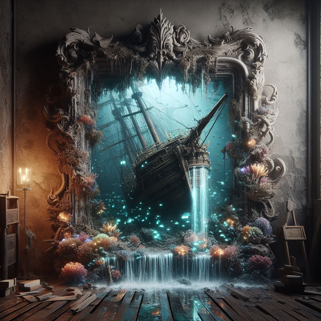Underwater shipwreck bursting through a bedroom mirror
