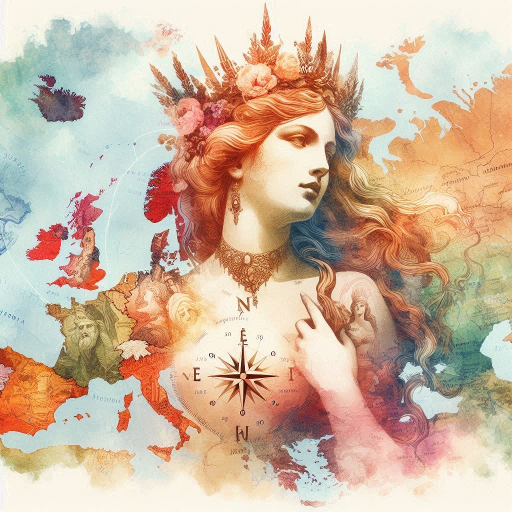 Watercolor Elegance: Vintage Map of Goddess Europa v2