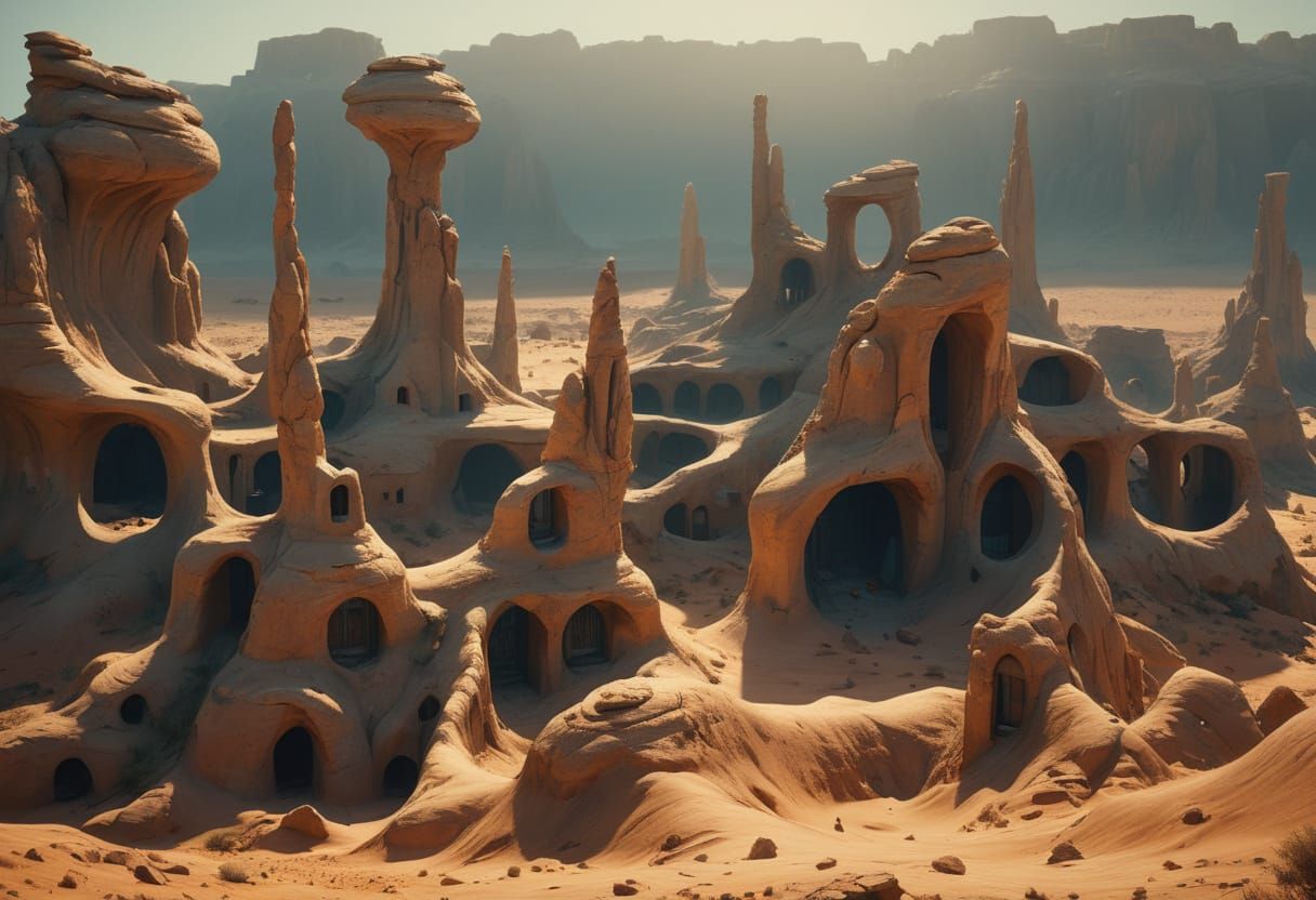 “Ancient eroded sandstone city in a surreal desert landscape, tall organic rock towers with carved openings and windows, weathered stone str...