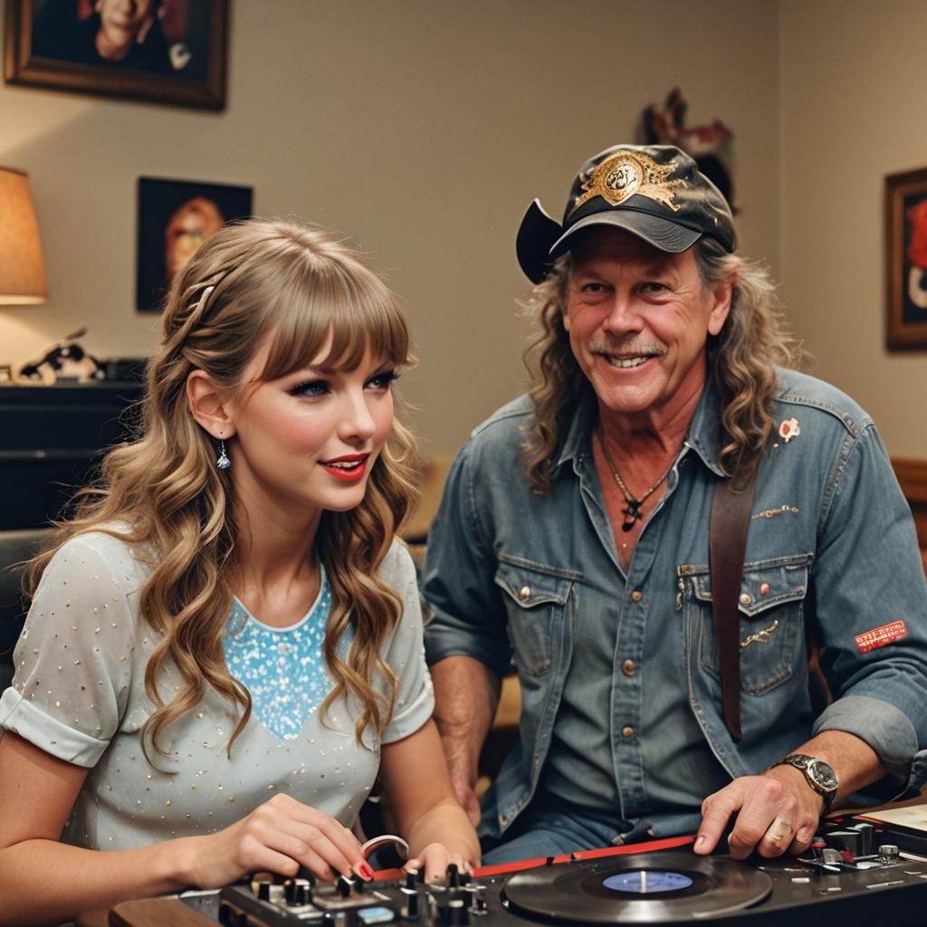 Taylor swift and Ted nugent happily listening to vinyl recor...