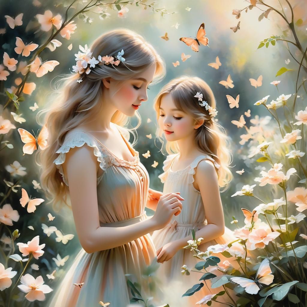 Girl Plays with Butterflies in Impressionistic Garden