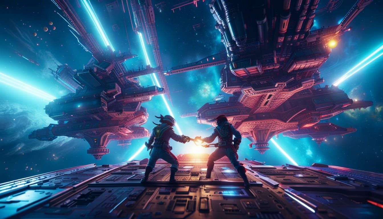 Space pirates dueling on spaceship
