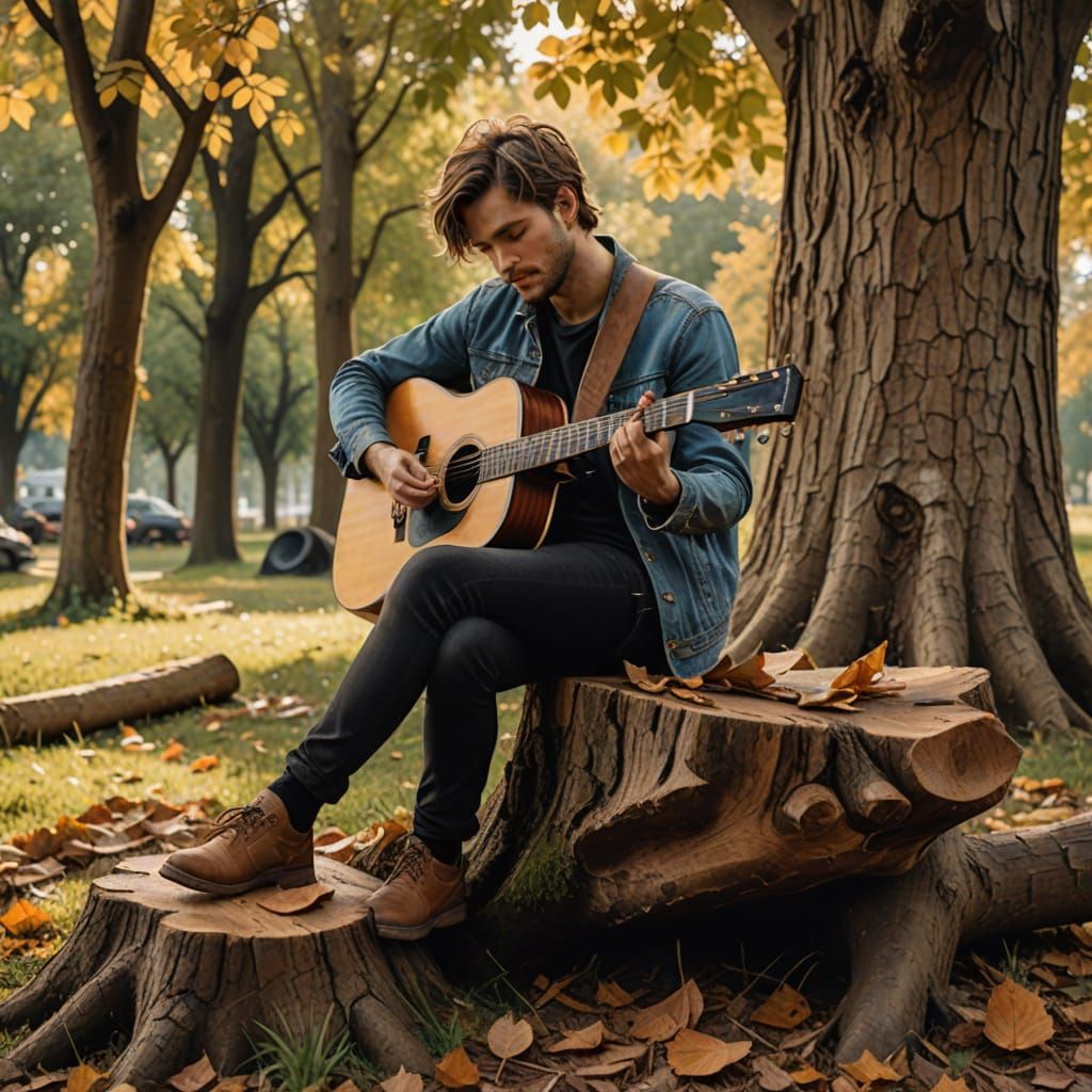 Serene Guitarist on Tree Stump in Painterly Style